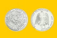 JOHANN WOLFGANG VON GOETHE 10 DM  D'ARGENTO 1999 INCASTONATA IN PORTACHIAVI GIOIELLO UNICO