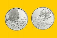 EMANUELE KANT CONIO 1974  5 DM MONETA D'ARGENTO INCASTONATA IN PORTACHIAVI GIOIELLO UNICO