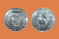 MONDIALI DI CALCIO 1986 MONETA D'ARGENTO 500 LIRE INCASTONATA IN PORTACHIAVI GIOIELLO